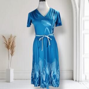 Vintage 70s Shaheen Blue Wheat Border Print Midi Dress Pockets Union Made